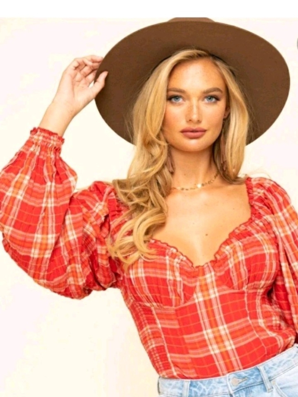 Free People Red Plaid Puff-Sleeve Peasant Top